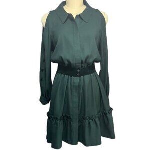 Emerald Green Eliza J Cold-Shoulder Belted Shirt Dress Size 14 - NWT